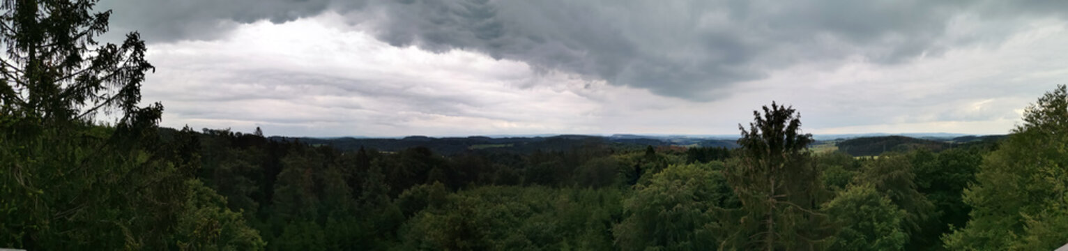 Panorama mit Wald und dunklen Wolken