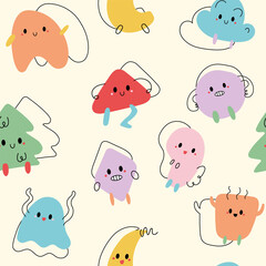 Pattern with funny little colored monsters of packaging and fabric doodles. Vector illustration