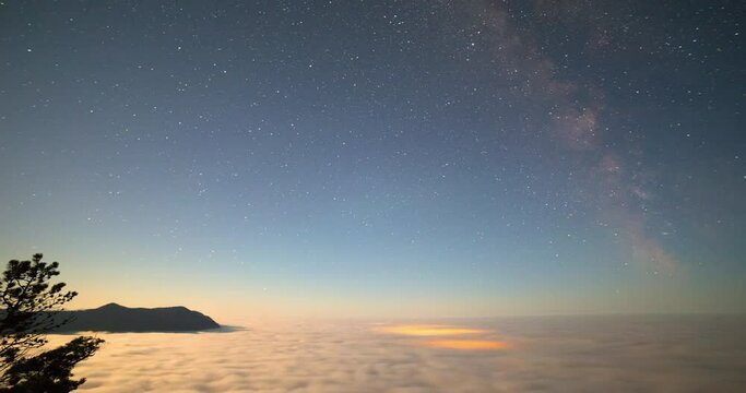 Panning time lapse shot of Milky Way over cloudscape by mountains against sky at night - Tofino, Canada