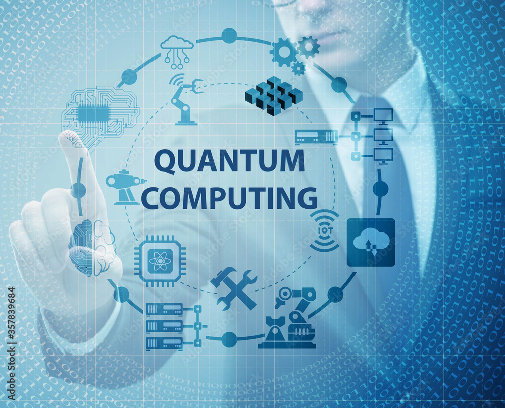 Poster businessman pressing virtual button in quantum computing concept