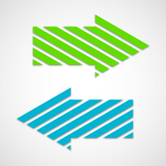 Two straight arrow ribbon. 2 direction right banner shape. Trend arrow stripe form flat icon. Index location. Pointer position. Marker standing. Indicator destination. Origami pointrs design shape set