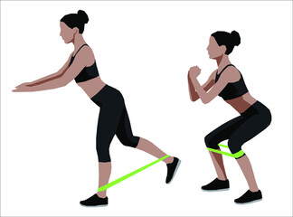 Girl in black sportswear doing exercises with elastic resistance band at home. Flat vector illustration.