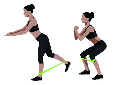 Girl in black sportswear doing exercises with elastic resistance band at home. Flat vector illustration.