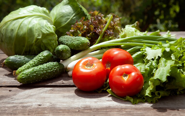 
Healthy eating Fresh farm vegetables tomatoes, cucumbers, salad lola rossaa and lola bianca, green onions, cabbage. Non-GMO Organic Vegetables, 100% Vegan Vegetarian Slimming Diet Wooden Background