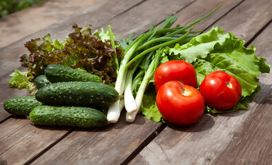 
Healthy eating Fresh farm vegetables tomatoes, cucumbers, salad lola rossaa and lola bianca, green onions, cabbage. Non-GMO Organic Vegetables, 100% Vegan Vegetarian Slimming Diet Wooden Background