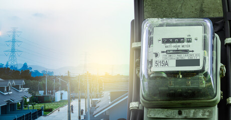 Electricity meter reading against blue sky background, Meter measuring instrument, Watt-hour meter...