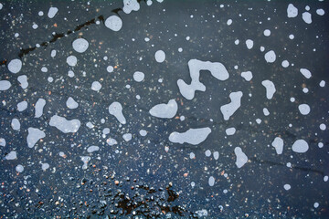 Puddle on the pavement of a city road with spots of white foam and reflections