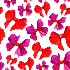 Seamless watercolor pattern of bright bows. Illustration drawn by hand. Ideal for packaging, wallpaper, textiles, wrapping paper.