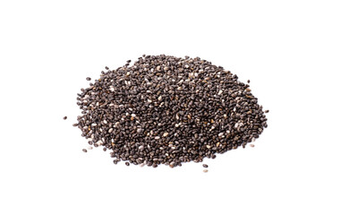 a pile of organic Chia seeds rich in omega-3 fatty acids, side view isolated on a white background