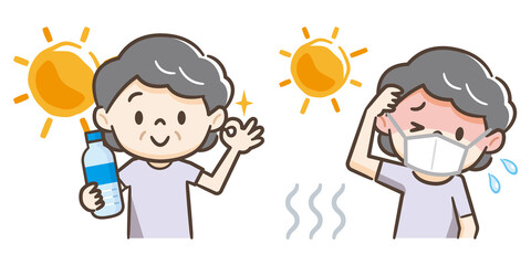 水分補給をする高齢者女性と熱中症の高齢者女性セット