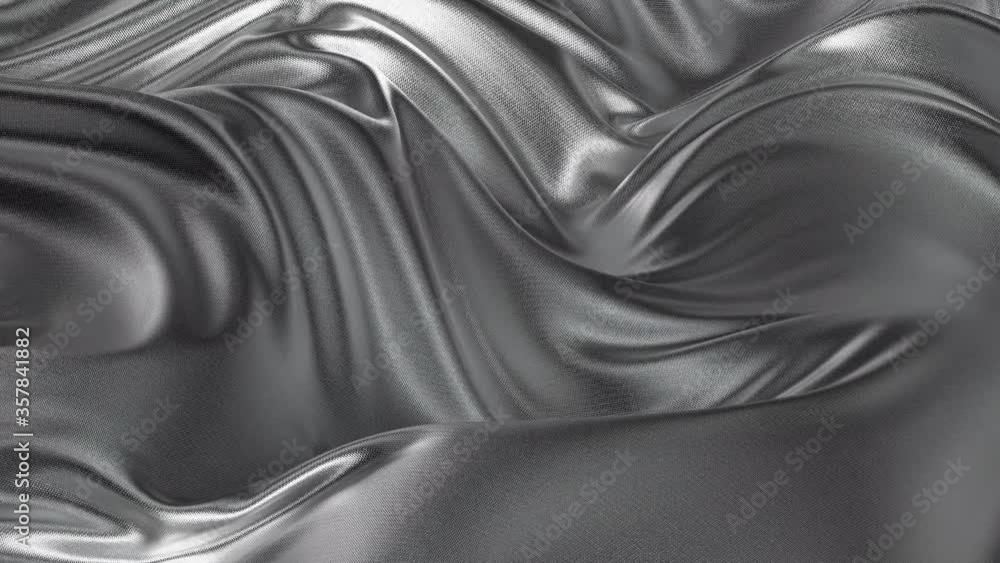 Poster 4K seamless waving silver satin fabric Background. Silk cloth fluttering in the wind looping 3D animation. White metallic loop background and texture.
