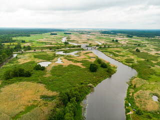 Biebrza Podlasie Biebrzański Park Narodowy Rzeka trzcina pole łąka widok z drona