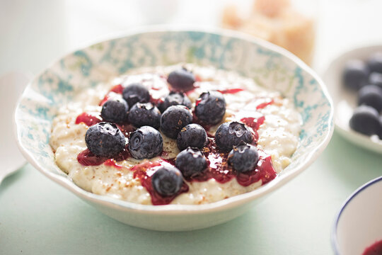 Porridge with blueberry compote and blueberries 