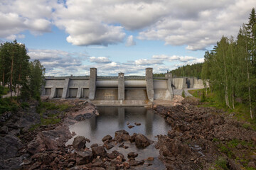 The Imatra Rapids (Imatrankoski) on the Vuoksa River in Imatra. Spillway on hydroelectric power station dam musical show. National landscape of Finland
