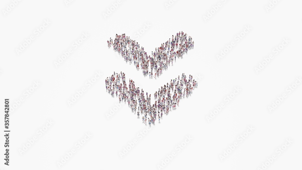 Poster 3d rendering of crowd of people in shape of symbol of angle double down on white background isolated