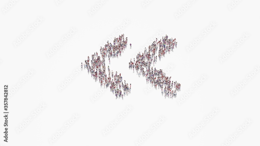 Poster 3d rendering of crowd of people in shape of symbol of angle double left on white background isolated