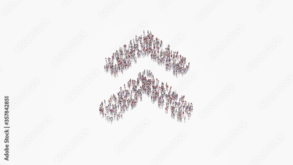 Poster 3d rendering of crowd of people in shape of symbol of angle double up on white background isolated