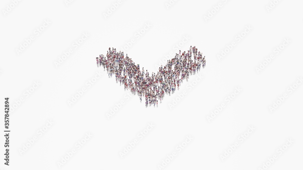Poster 3d rendering of crowd of people in shape of symbol of angle down on white background isolated