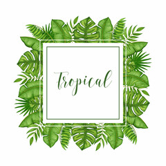 Watercolor square frame with green tropical leaves. Hand drawn rainforest/jungle palm branches, copy space template. Nature design element on white background for invitations, greeting cards, poster.