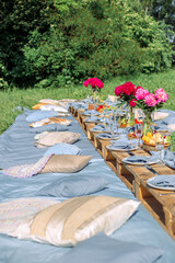 picnic table in blue tones for many guests