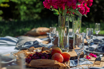 picnic table in blue tones for many guests
