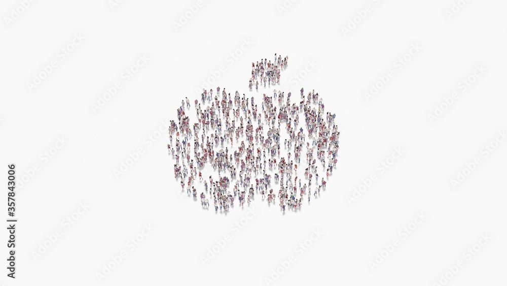 Poster 3d rendering of crowd of people in shape of symbol of apple on white background isolated
