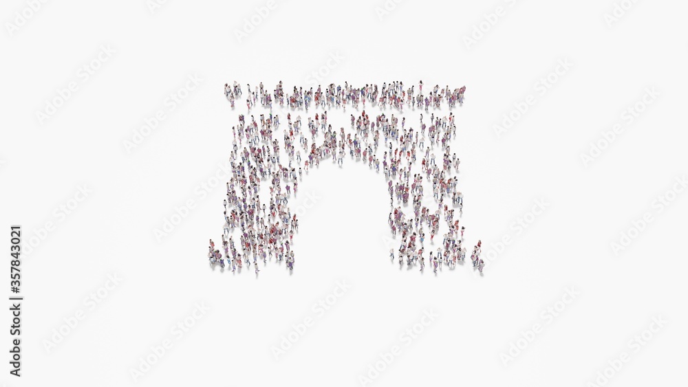 Poster 3d rendering of crowd of people in shape of symbol of archway on white background isolated