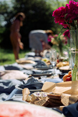 picnic table in blue tones for many guests