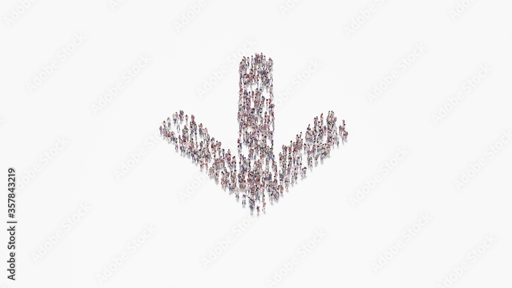 Poster 3d rendering of crowd of people in shape of symbol of arrow down on white background isolated
