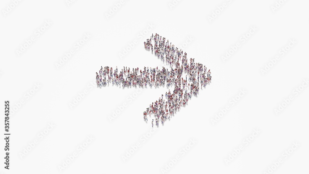 Poster 3d rendering of crowd of people in shape of symbol of arrow right on white background isolated