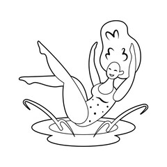 Young smiling girl in swimming suit jumping in water. Summer seaside beach pool party. Hot weather. Doodle outline vector illustration icon sticker isolated on white background. Coloring page. Stamp.