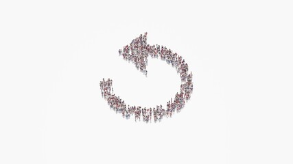 3d rendering of crowd of people in shape of symbol of refresh arrow on white background isolated