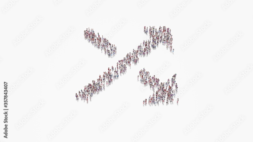 Poster 3d rendering of crowd of people in shape of symbol of diagonal arrows on white background isolated
