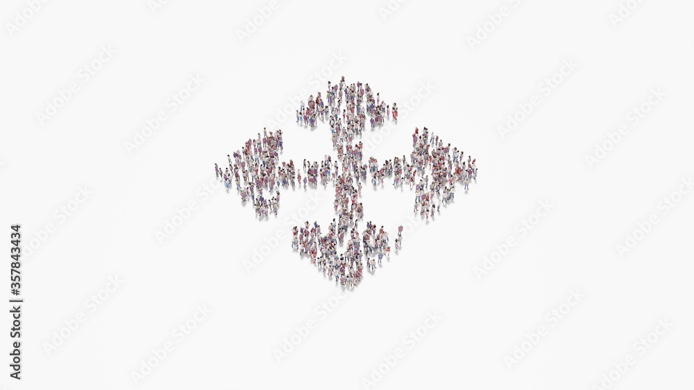 Poster 3d rendering of crowd of people in shape of symbol of four direction arrows on white background isol