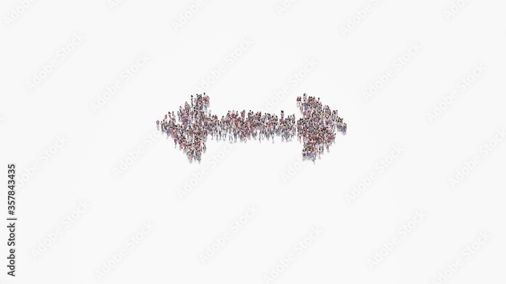 Poster 3d rendering of crowd of people in shape of symbol of double horizontal arrow on white background is