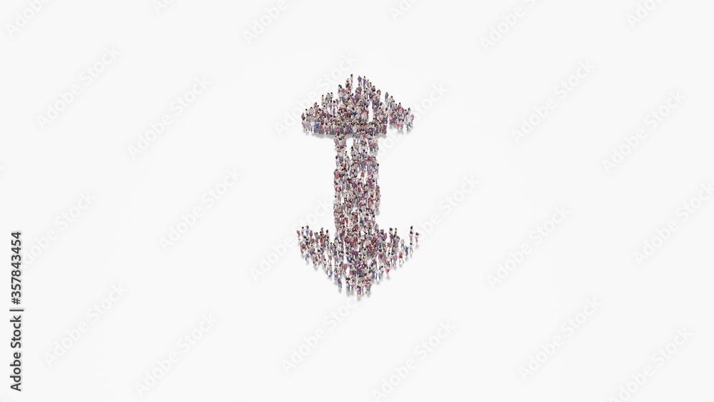 Poster 3d rendering of crowd of people in shape of symbol of double vertical arrow on white background isol