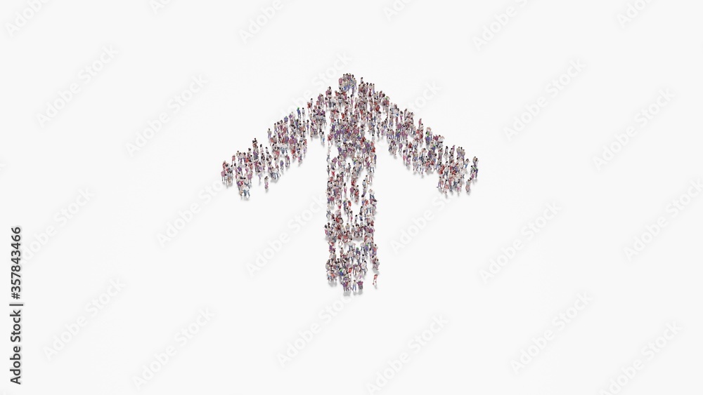Poster 3d rendering of crowd of people in shape of symbol of arrow up on white background isolated