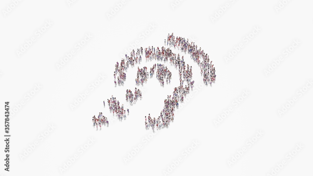 Poster 3d rendering of crowd of people in shape of symbol of assistive listening systems on white backgroun