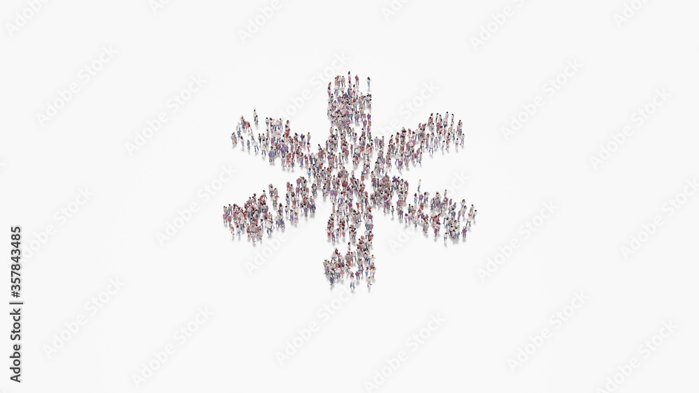 Poster 3d rendering of crowd of people in shape of symbol of asterisk on white background isolated