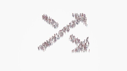 3d rendering of crowd of people in shape of symbol of diagonal arrows  on white background isolated