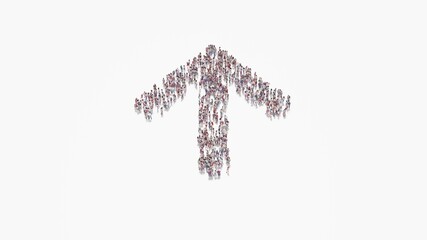 3d rendering of crowd of people in shape of symbol of arrow up on white background isolated