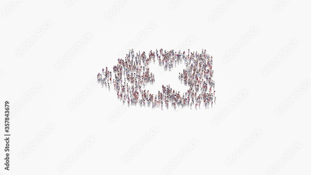 Poster 3d rendering of crowd of people in shape of symbol of backspace on white background isolated