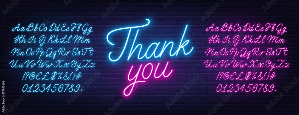 Poster neon pink and blue script font. glowing alphabet with letters, numbers and special characters.text t