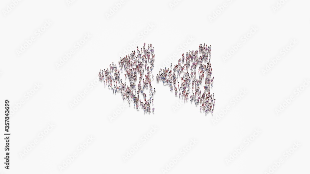 Aufkleber 3d rendering of crowd of people in shape of symbol of backward on white background isolated