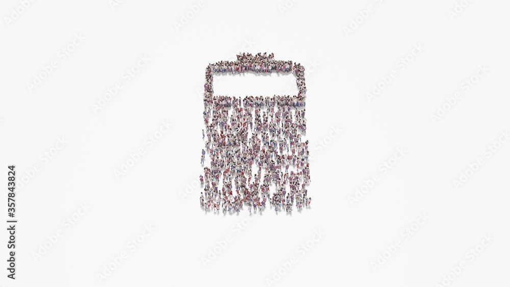 Poster 3d rendering of crowd of people in shape of vertical symbol of two third charged battery on white ba