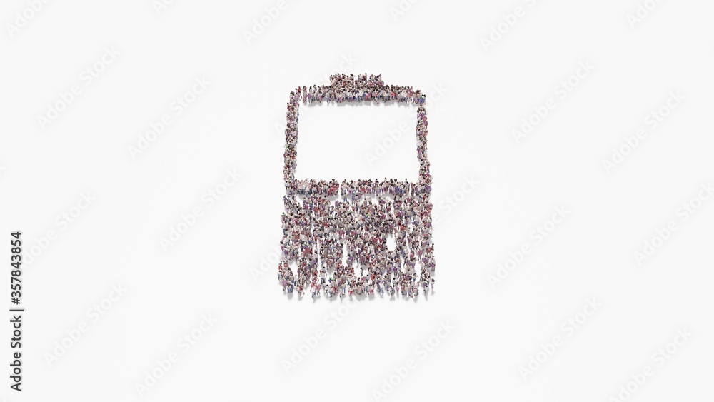Poster 3d rendering of crowd of people in shape of vertical symbol of half charged battery on white backgro