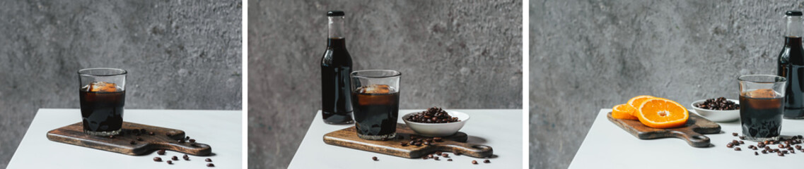 collage of cold brew coffee with ice in glass and bottle near orange and coffee beans on cutting board on white table