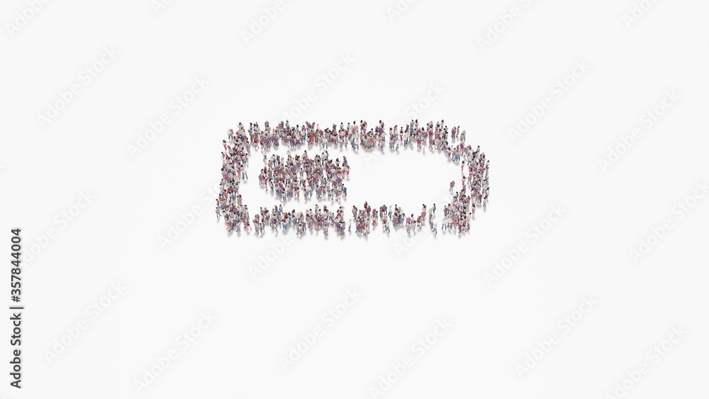 Poster 3d rendering of crowd of people in shape of horizontal symbol of battery half on white background is