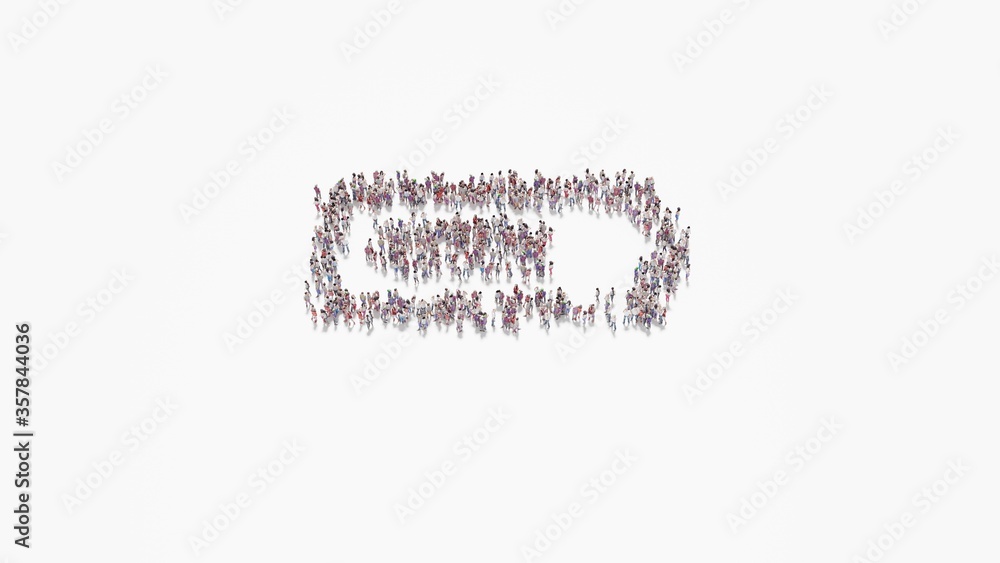 Poster 3d rendering of crowd of people in shape of horizontal symbol of battery three quarters on white bac