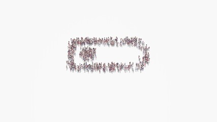 3d rendering of crowd of people in shape of horizontal symbol of battery quarter on white...